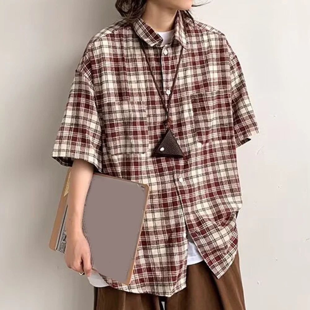 HEARUJOY  -  Plaid Shirt For Men Casual Couple Loose Mens Shirt Polyester Fabric Slight Stretch All Seasons Applicable Male