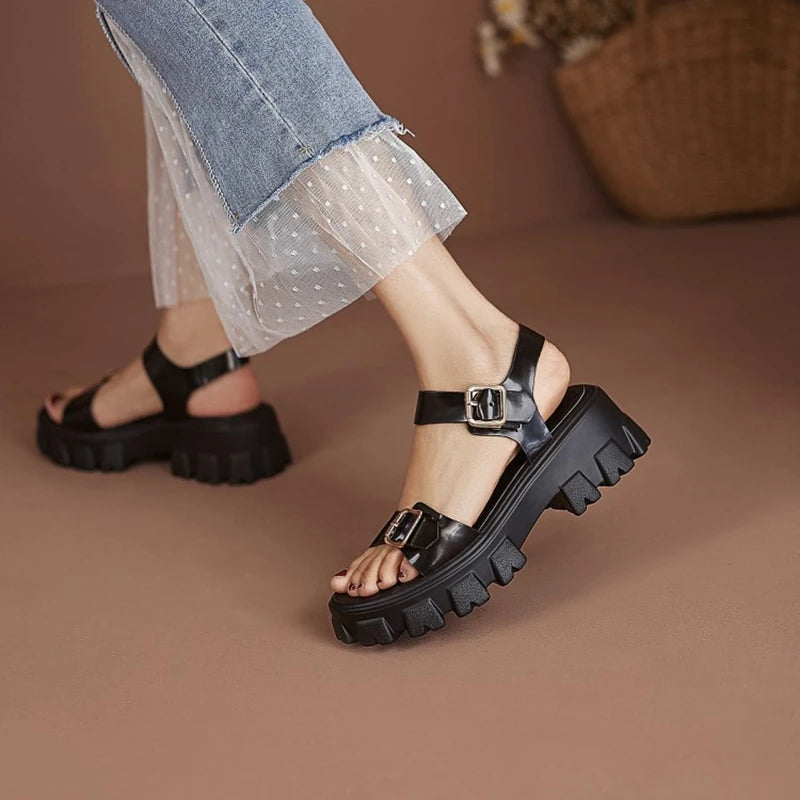 Hearujoy  New Summer Women Shoes Concise Thick Heel Leather Sandals Platform Shoes Platform Sandals White Genuine Leather Flats black