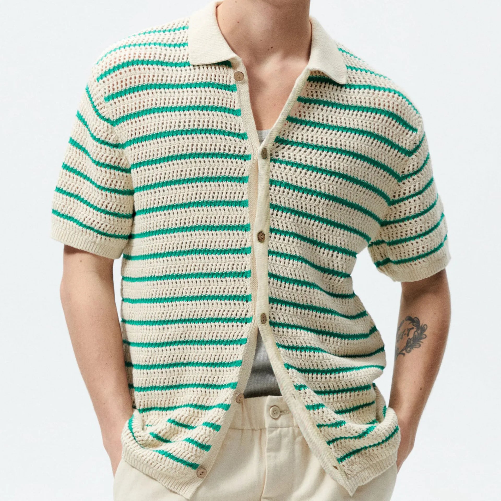 HEARUJOY  -  Men Luxury Hollow Knitwear Polo Shirt Short Sleeve Casual Streetwear Button Down Breathable Striped Contrast Knit Cardigan Tops