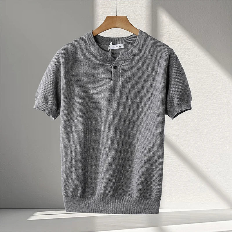 HEARUJOY  -  Vintage Men's Henley Neck Knit T Shirts Summer Casual Breathable Slim Fit Elastic Knitted Tee Men Fashion Short Sleeve Pullovers
