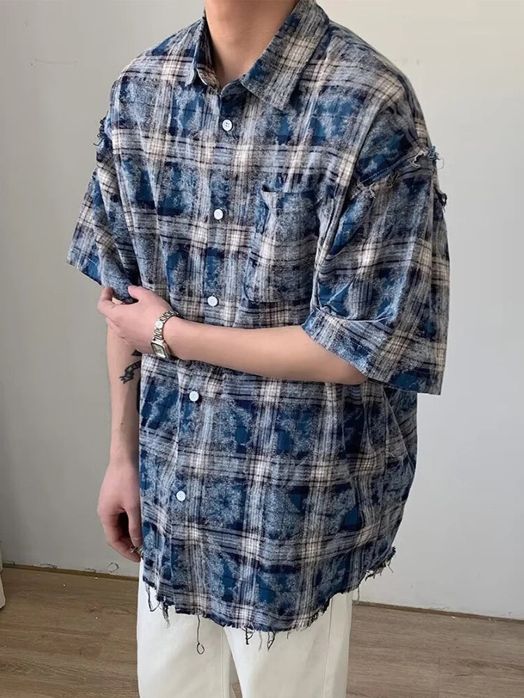 Hearujoy Harajuku Plaid Shirts Coat Men Oversize Short Sleeve Men's Checkered Cardigan Blouses Male Japanese Streetwear Hip Hop