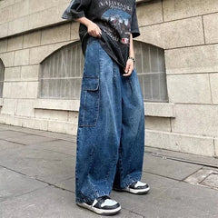 Hearujoy Washed Casual Retro Wide Leg Baggy Jeans Mens All Match Straight Hip Hop Large Pocket Overalls Blue Jeans for Women Streetwear