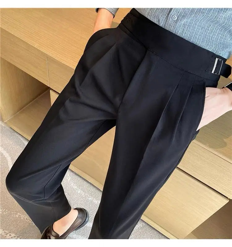 HEARUJOY  -  Italian Style Men Naples Suit Pants High Waist Slim Fit Small Feet Ankle-Length Pants Spring Fashion Business Casual Trousers
