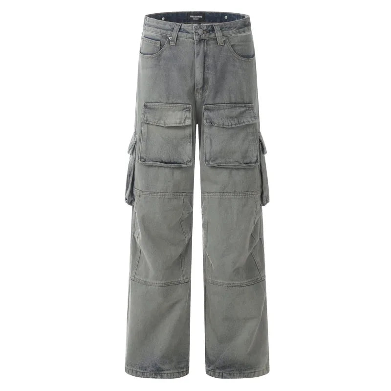 Hearujoy American Multi-pocket Overalls Washed To Make Old High Street Straight Wide Leg Cargo Pants Worn-out Autumn 28W3875