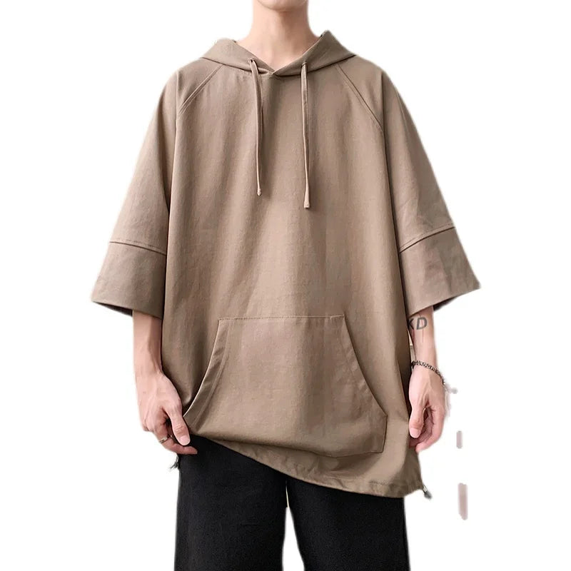 Hearujoy Solid Color Hooded T shirt Men Summer Korean Short Sleeve Pullover Loose Casual T-shirt Streetwear Drawstring Tops Men Clothing