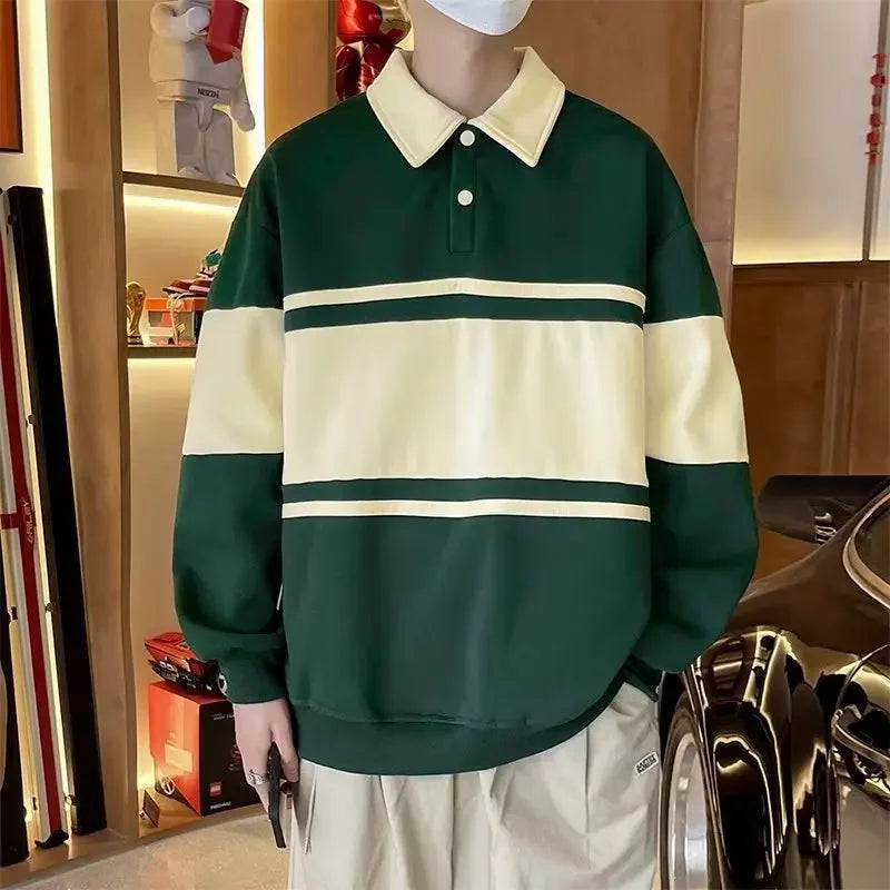 HEARUJOY  -  Men Polo Collar Sweatshirts Spring Autumn Vintage Striped Patchwork Pullover Tops Casual Loose Hoodies Male Harajuku Streetwear