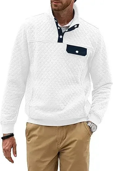 HEARUJOY  -  Men's Spring and Fall Quilted Sweatshirt Casual Long Sleeve Outdoor Stand Collar Button Pullover Sweatshirt