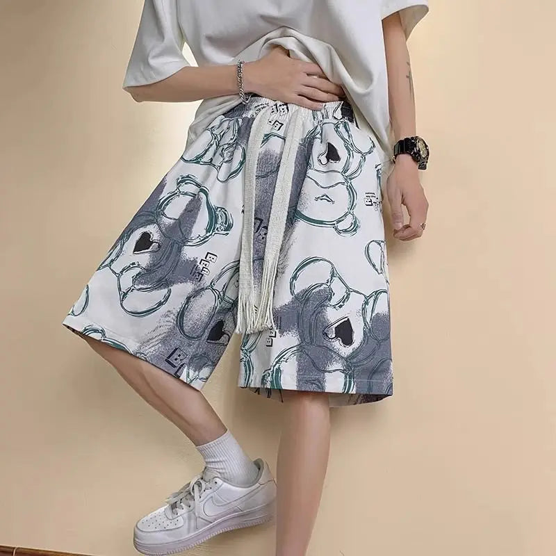 HEARUJOY  -  Men's New Spliced print Five-point Loose Drawstring Design Bear Print Shorts