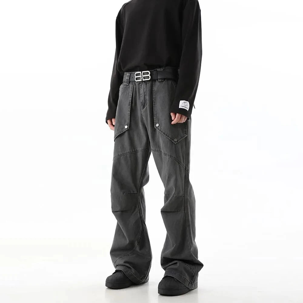 Hearujoy American High Street Fashion Sports Overalls Men Autumn Winter New Loose Wide-Leg Deconstructed Straight Pleated Casual Trousers