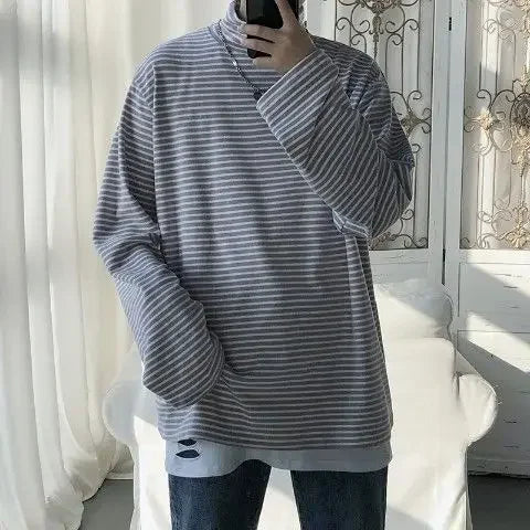 HEARUJOY  -  Turtleneck High Collar T Shirt For Man Striped Top Bulk With Wholesale Men's Clothing Long Sleeve Quotes Full Xl F Pullover