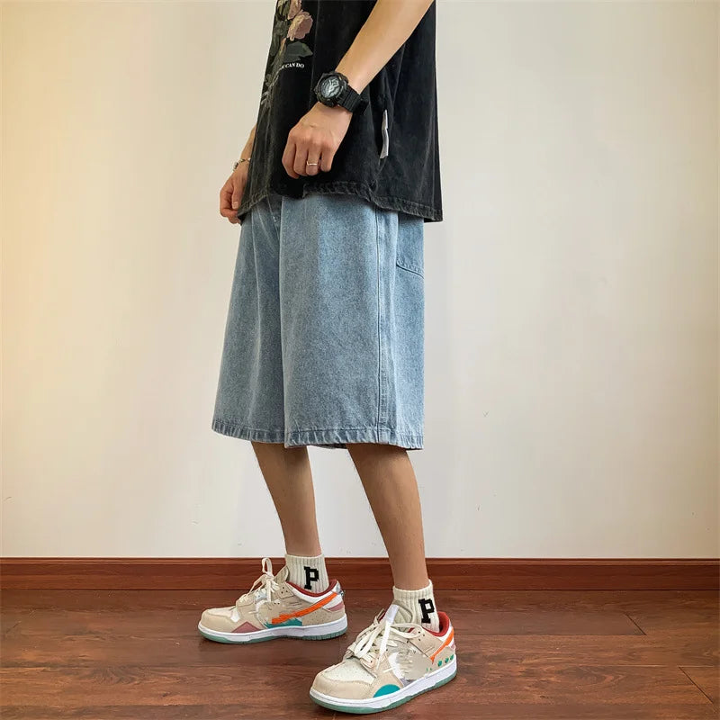 Hearujoy Summer Denim Shorts for Men Korean Harajuku Retro All-Match Baggy Straight Bottoms Wide-Leg High Street Five-Point Jeans Pants