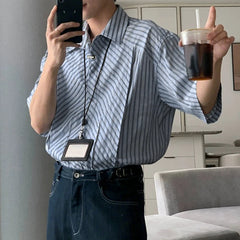 HEARUJOY  -  Men Shirt Striped Patchwork Lapel Short Sleeve Button Men Clothing Streetwear Korean Style Loose Fashion Casual Tops Men