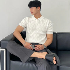 HEARUJOY  -  Summer Clothing Men's Light Luxury Knitted Jacquard Polo Shirt V-Neck Solid Color Short-sleeved Korean Popular Leisure Knitwear