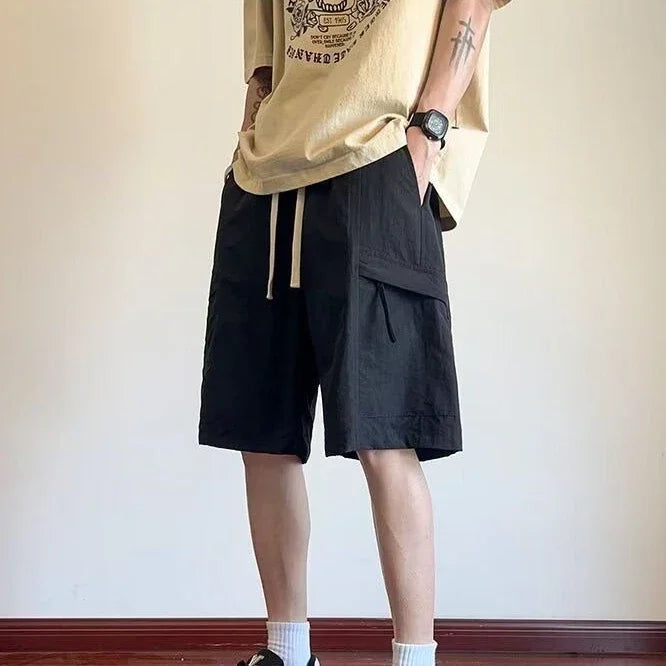 HEARUJOY  -  Wide Mens Cargo Shorts Baggy Over Knee Solid Elastic Waist Loose with Draw String Short Pants for Men Pockets High Quality V