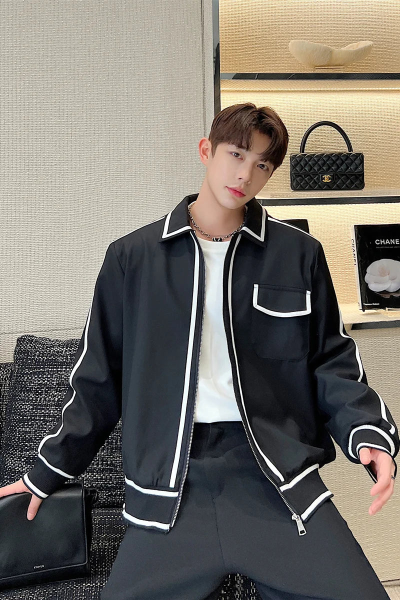 Hearujoy Korean Street clothing fashion Spring Casual Contrast Colors Striped Male Casual Jacket Men's Niche Desgin Black Coats