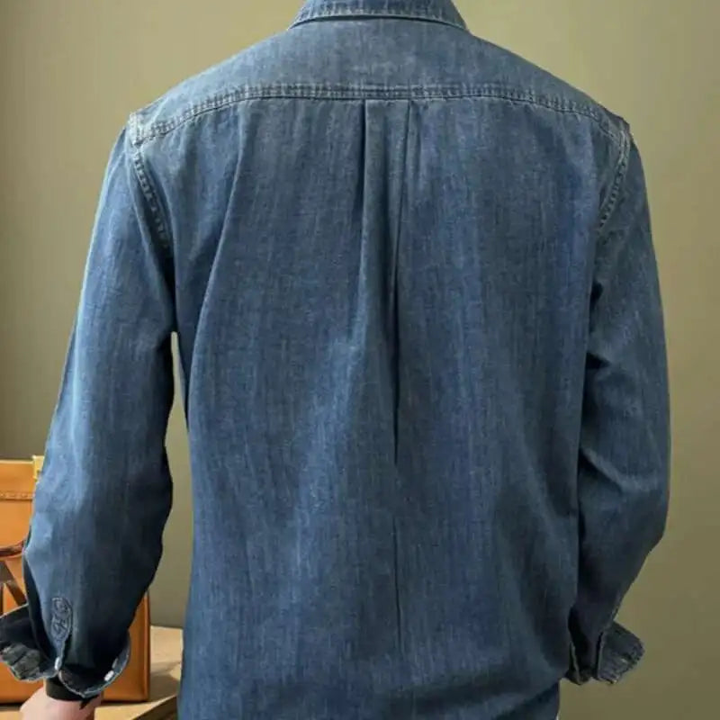 HEARUJOY  -  Lapel Collar Cotton Blend Denim Shirt Long Sleeve Shirt Retro Shirt British Versatile Casual Shirt Man Camisa Social Masculina