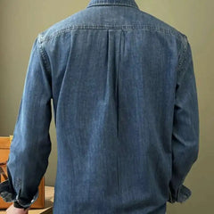 HEARUJOY  -  Lapel Collar Cotton Blend Denim Shirt Long Sleeve Shirt Retro Shirt British Versatile Casual Shirt Man Camisa Social Masculina