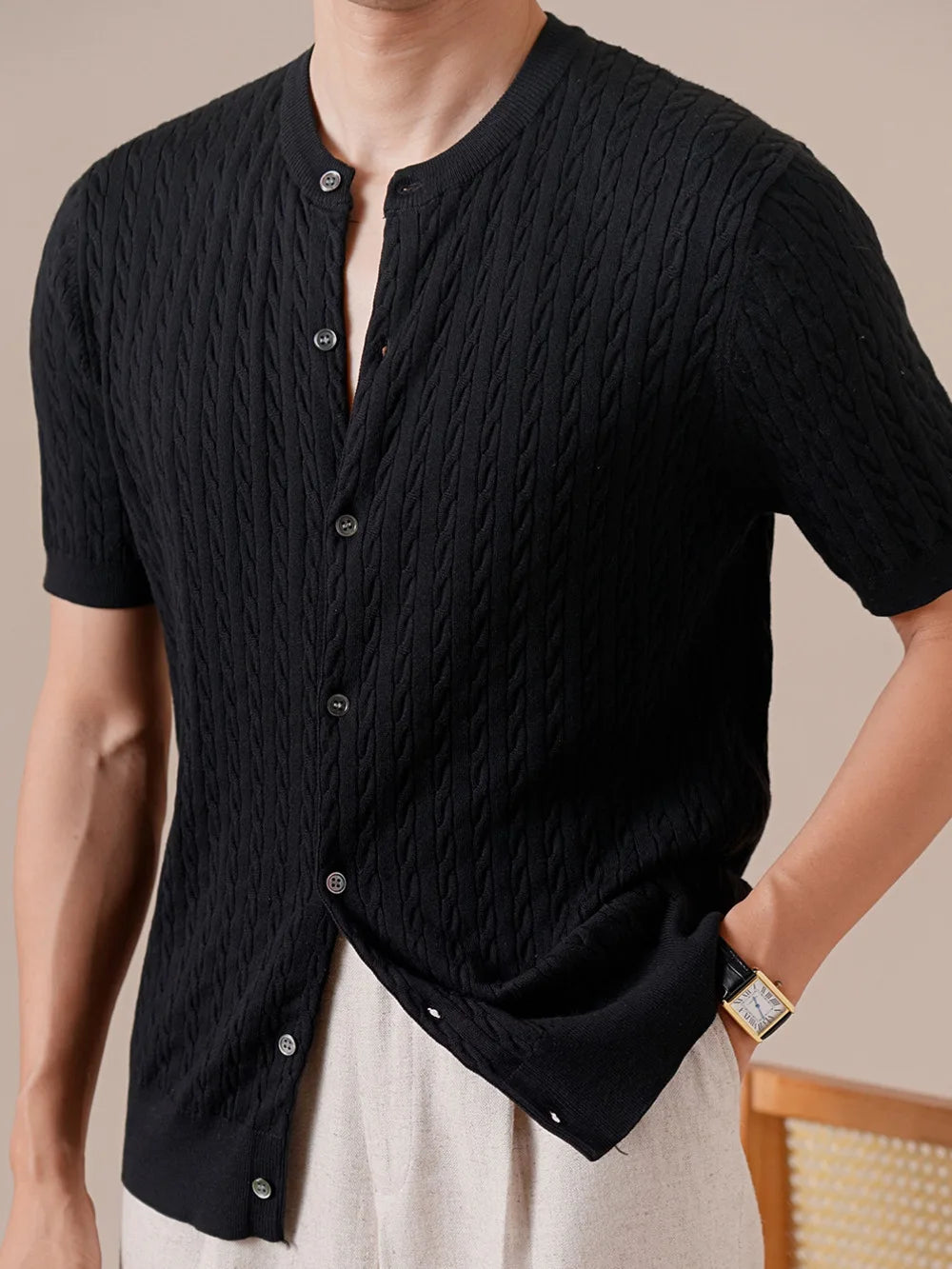 HEARUJOY  -  Summer Tencel Cotton Jacquard Knit Cardigan Men's Short Sleeve Thin Round Neck Draped Casual Business T-Shirt Breathable Polo