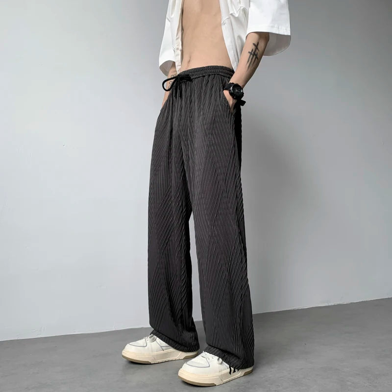 Hearujoy Summer Ice Silk Trousers Loose Straight Leg Trendy Men's Casual Trousers Thin Section Crumpled Design Wide-leg Trousers