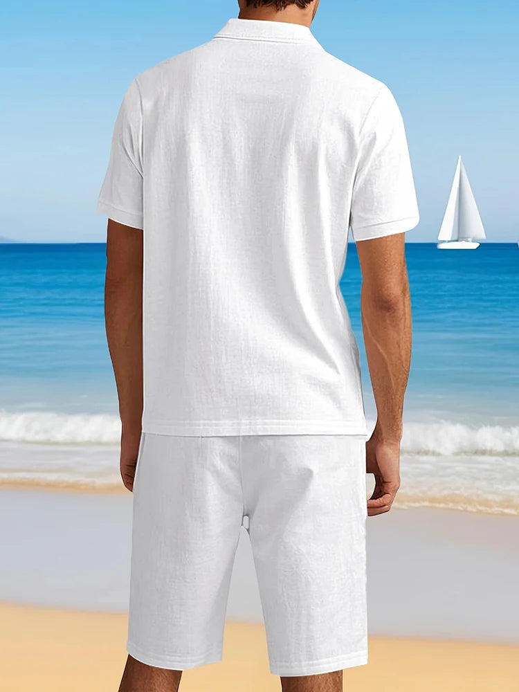 HEARUJOY  -  Summer Daily Casual Men's Two Pieces Sets Fashion Lapel Button Polo Shirt And Shorts Mens Outfits Leisure Linen Loose Suits