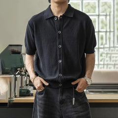 HEARUJOY  -  Men's Solid Color Knitted Short-Sleeved Shirt American Retro Fashion Trend Loose Casual Simple Breathable Niche New Men's Tops