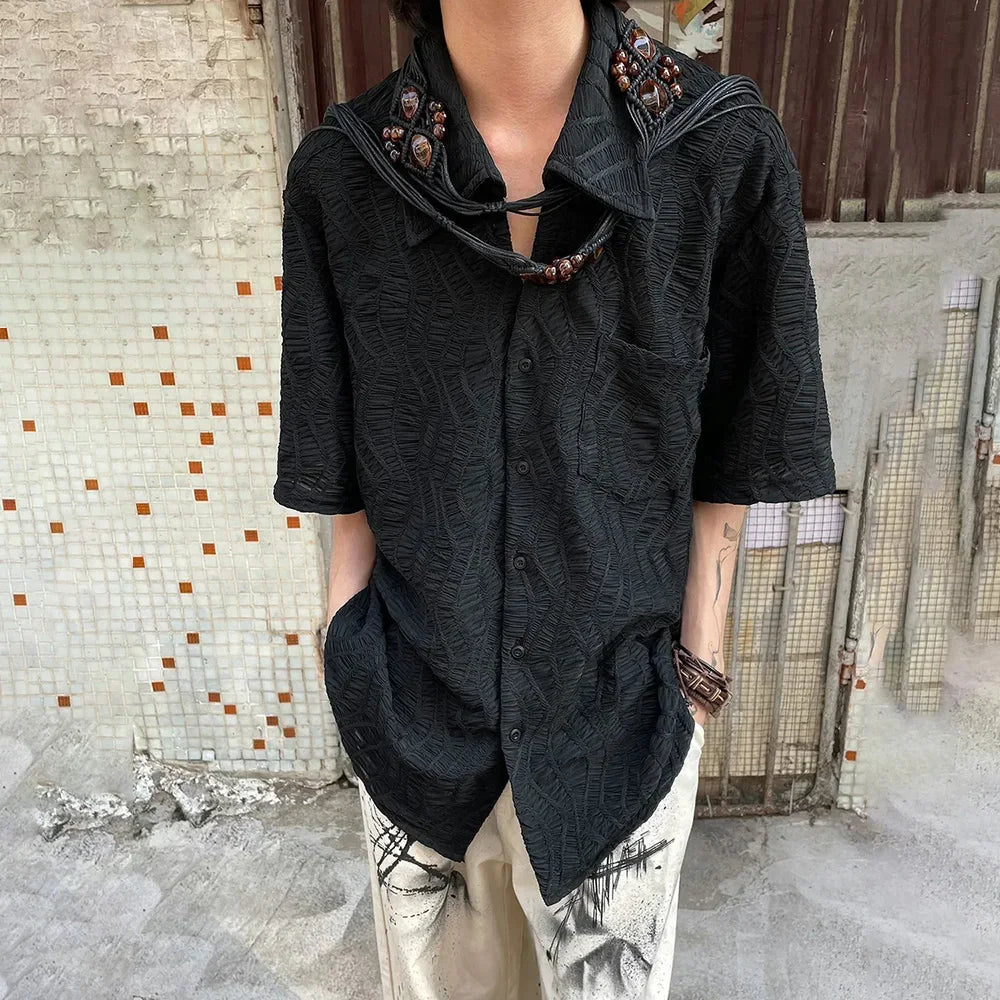 Hearujoy Retro Pleated Short Sleeve Shirt Summer New Cuban Collar Jacquard Design Shirts Top Solid Button Neutral Blouse