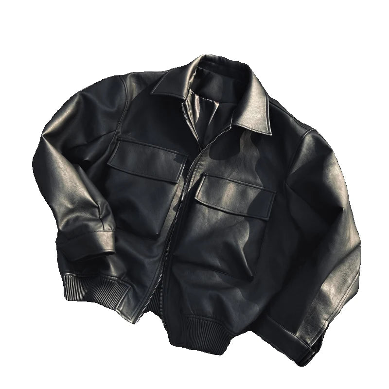 HEARUJOY  -  Spring Cool Handsome Oversized Short Matte Black Pu Leather jacket Men Zipper Pockets Loose Luxury Designer Clothes