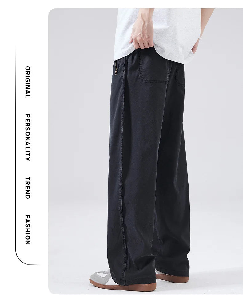 HEARUJOY  -  Men's Summer Casual Pants Men Trendy Loose Fit Versatile Wide Leg Draped Straight Long Trsouers Elastic Waist