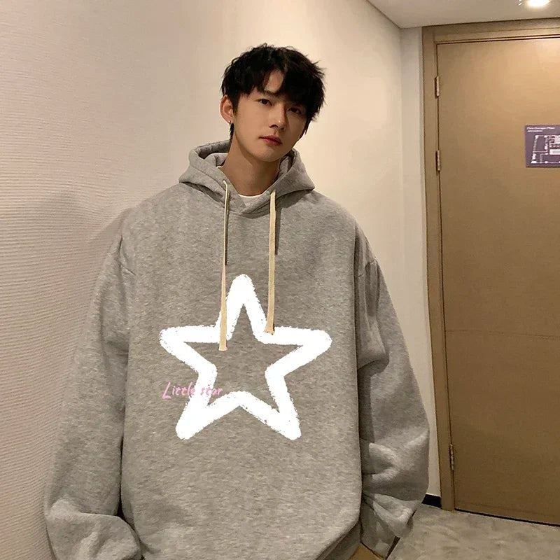 HEARUJOY  -  Men's Oversized Hoodie Off White 5XL Hoodies with Hat Over size for Men Star Print Man Casual Wear Hoody Male Sweatshirt