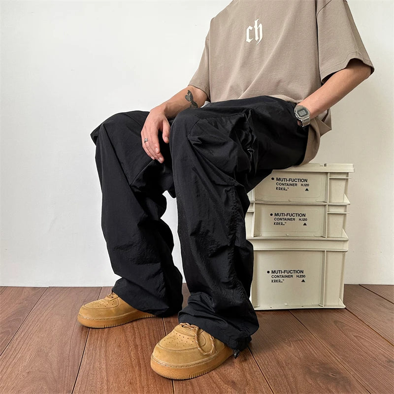 Hearujoy Summer Thin Cargo Pants Men Fashion Retro Pocket Casual Pants Men Japanese Streetwear Hip-hop Loose Straight Pants Mens Trousers