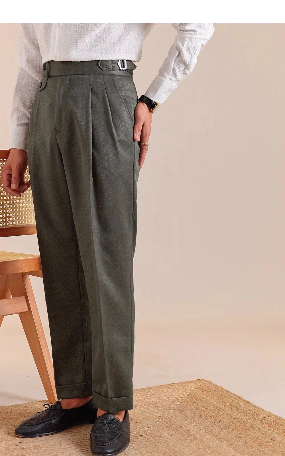 HEARUJOY  -  Italian Style Imitation Linen Naples Trousers Men's Double Pleated Gentleman Casual Business Men's Suit Pants Mens Formal Pants