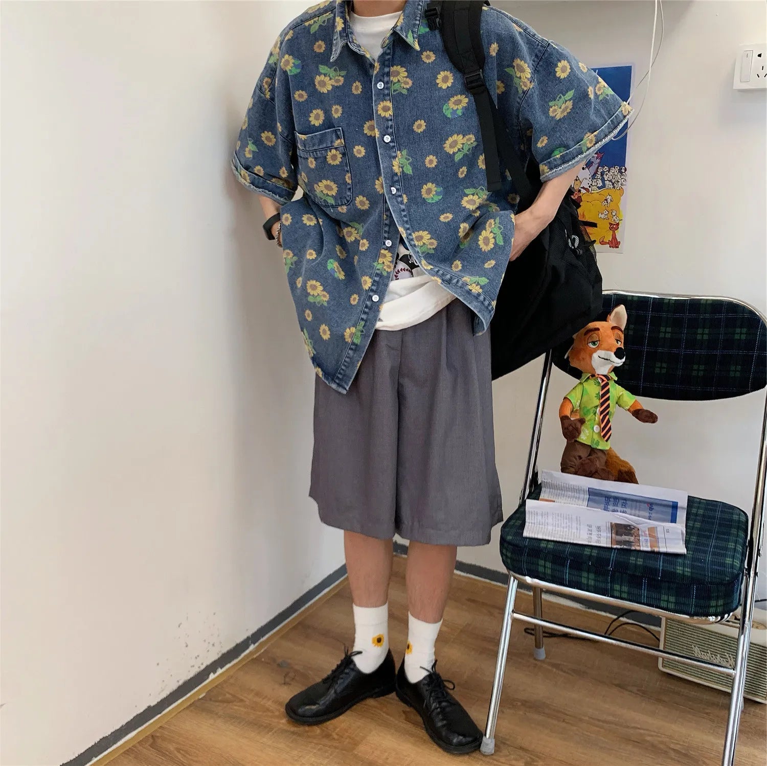 HEARUJOY  -  Summer Men Vintage Denim Shirts Short Sleeve Floral Printed Blouse Casual Loose Male Jean Coats Single-breasted Pocket Tops