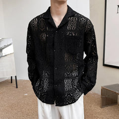 HEARUJOY  -  New Chic Men Hollow Out Cardigan Tops Light Luxury Korean Style Long Sleeve Shirts Casual Retro Solid Color Button-down Blouse