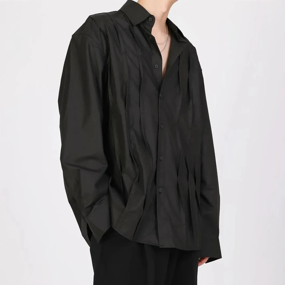 HEARUJOY  -  Mens Shirt Pleated Casual Shirt Spring Autumn Thin Streetwear Fashion Youth Campus Long-Sleeved Top Men'S Clothing 2025 New