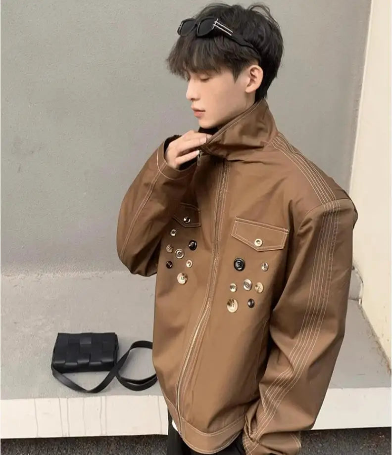 HEARUJOY  -  Spring Retro Irregular Button Mens Jacket Shoulder Pad Design Trend High Street Coats Motorcycle Fashion Stand Collar Outwear