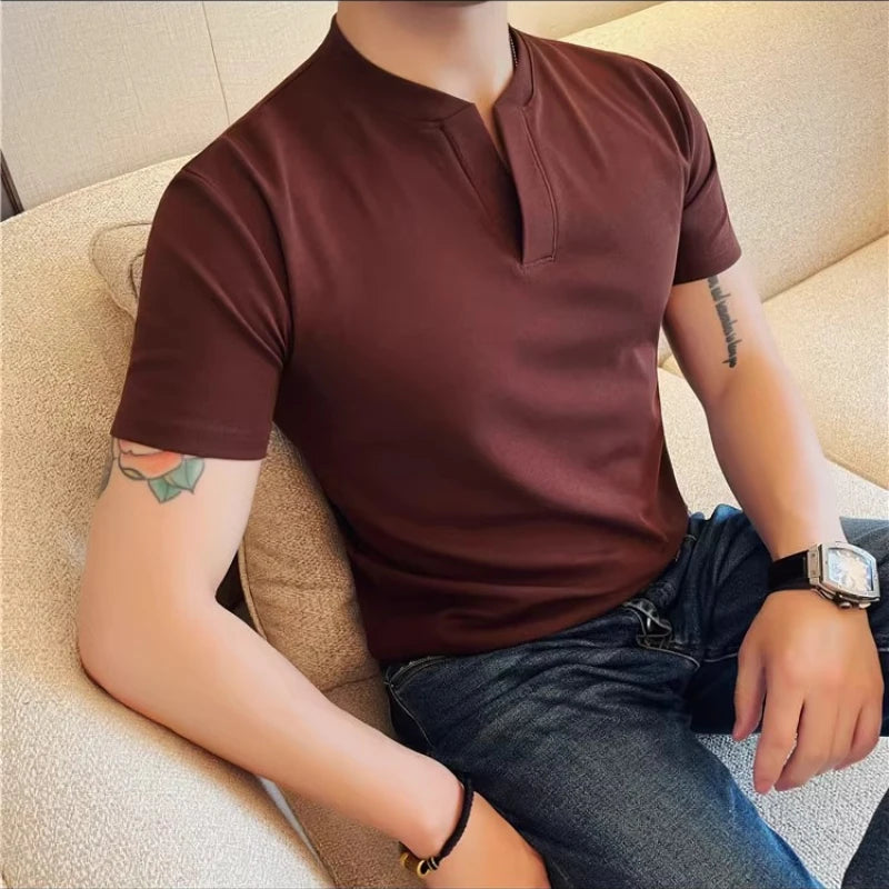 HEARUJOY  -  Men's 92% Cotton Henley Collar V-Neck Short Sleeve Tee  Summer Solid Color Slim Fit Casual T-Shirt in 7 Classic Versatile Colors