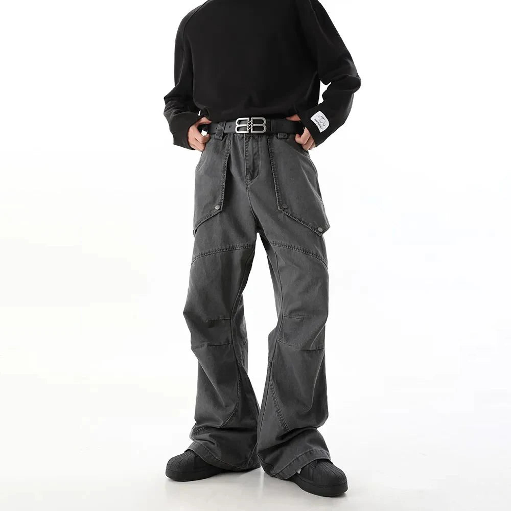 Hearujoy American High Street Fashion Sports Overalls Men Autumn Winter New Loose Wide-Leg Deconstructed Straight Pleated Casual Trousers