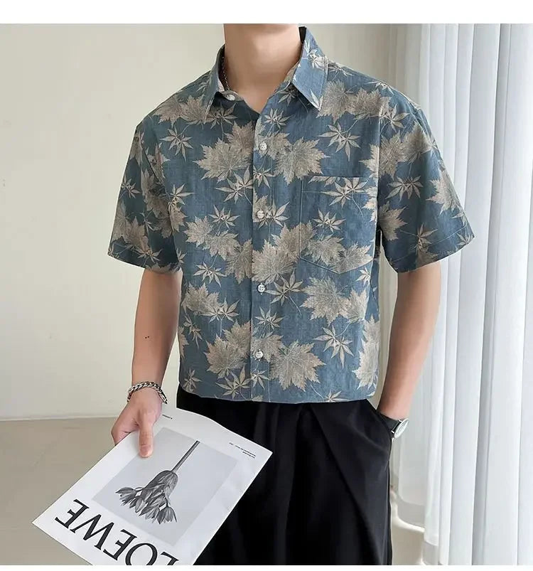 HEARUJOY  -  Loose Maple Leaf Flower Shirt Men's Short-sleeved Mature Style Casual Five-point Sleeves