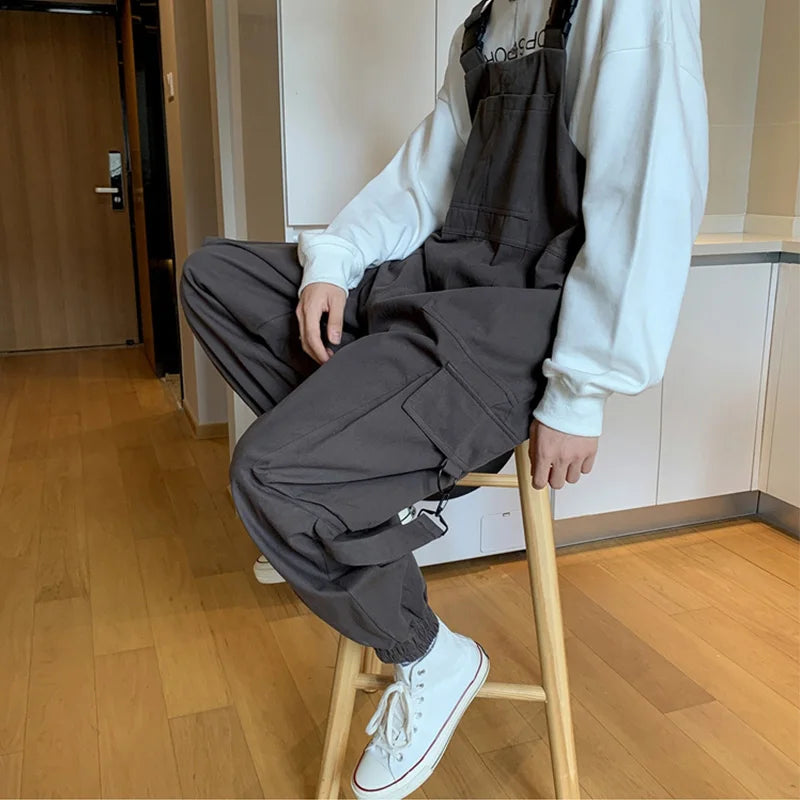 Hearujoy Suspenders Jumpsuit Pants Men Summer Overalls Japanese Loose Straps Casual Pockets Unisex Oversize Streetwear Solid Man Clothing