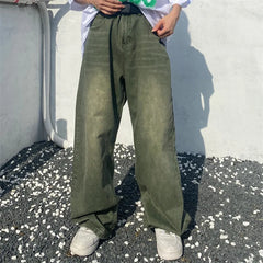 Hearujoy Green Jeans Baggy Distressed Vintage Denim Trousers Male Wide Leg Pants Men Streetwear Retro Oversize Casual Hip Hop