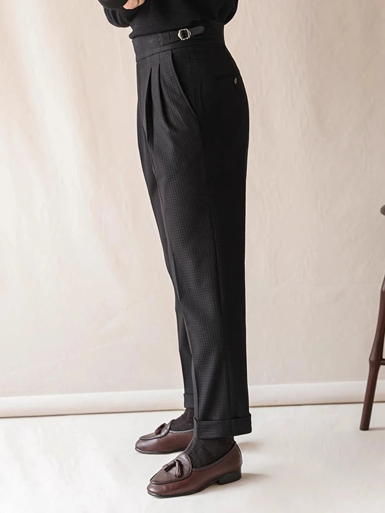 HEARUJOY  -  Naples Style High Waist Pants Mens Stylish Waffle Textured Slim Straight Trousers Men Autumn Casual Button Lace-up Suit Trousers