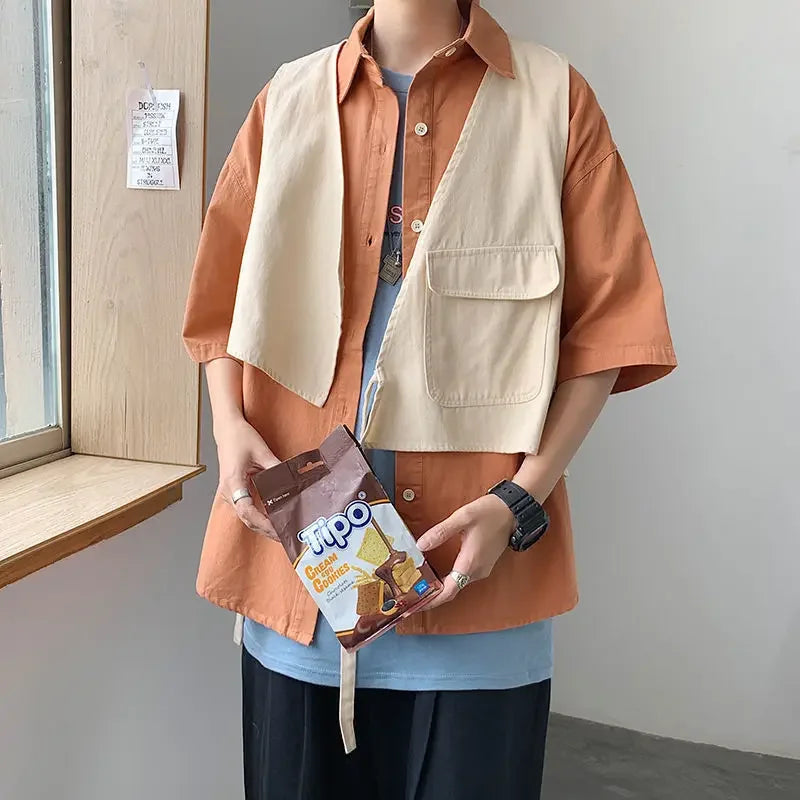 HEARUJOY  -  Man Shirt Half Sleeve with Pocket Shirts for Men Blue Casual Korean Style Vintage Silk Fashion 2025 Cotton Slim Fit Elegant Sale