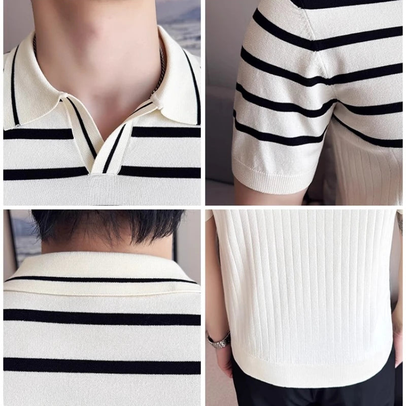 HEARUJOY  -  Men's Summer Ice Silk Slim  Polo Shirt - Striped Knit Color-Blocked V-Neck Short Sleeve Top for Breathable Stylish Casual Wear