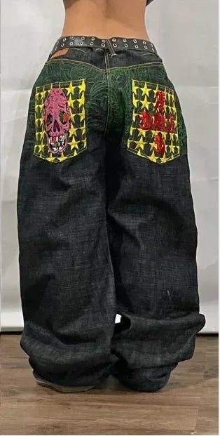 Hearujoy Y2K High Street Vintage Printed Pattern Jeans American Classic Wings Texture Jeans Couple Fashion Gothic Harajuku Wide Leg Pants