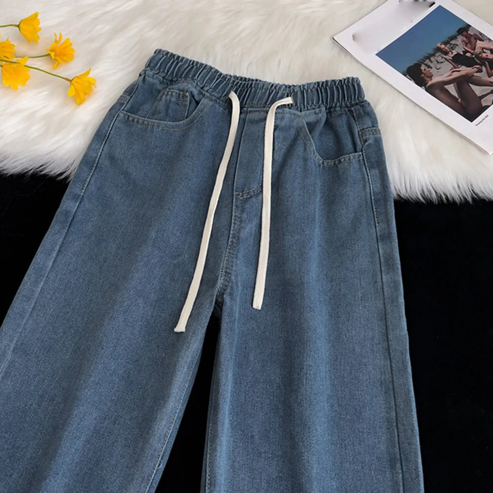 HEARUJOY  -  Men Vintage Korean Casual Pants High Street Hip Hop Straight Wide Leg Jeans Male Drawstring Streetwear