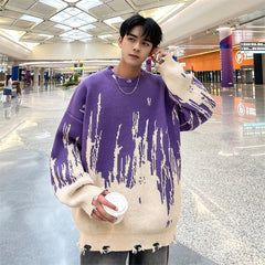 Hearujoy Winter Tie Dye Sweater Men Warm Hole Sweater Men Jumper Clothes Streetwear Loose Long Sleeved Sweater Mens Knitted Pullover