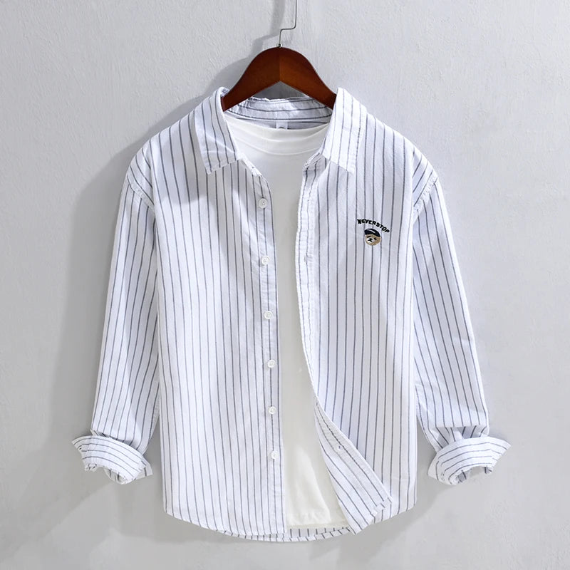 HEARUJOY  -  Men's Cotton Long Sleeve Shirt Spring Summer Casual Bear Embroidered Striped Long-sleeved Square Collar Breathable Shirts Man