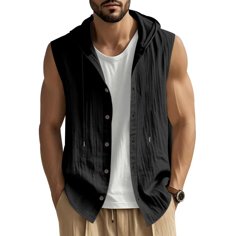HEARUJOY  -  Summer Men's Casual Sleeveless Hooded Shirt, Linen Hooded Solid Color, Breathable and Loose Top