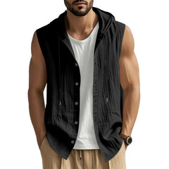 HEARUJOY  -  Summer Men's Casual Sleeveless Hooded Shirt, Linen Hooded Solid Color, Breathable and Loose Top