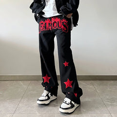 Hearujoy Y2K Jeans Men Embroidery Denim Pants Star Red Print Black Trousers Male Streetwear Hip Hop Casual Vintage Plus Size 4XL